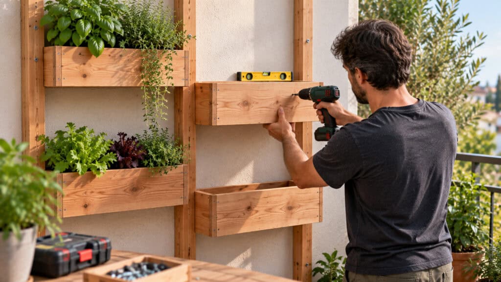 Montaggio delle cassette dell'orto verticale sulla parete