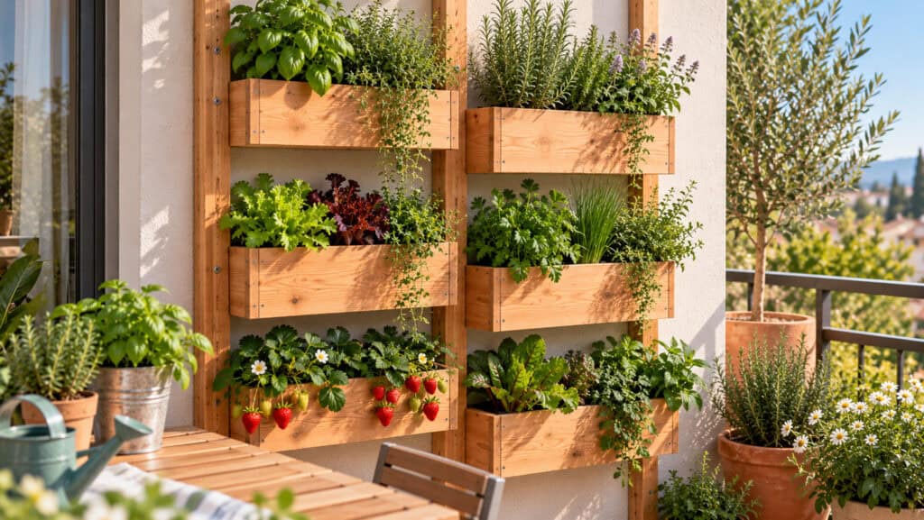 Orto verticale in legno completato su un piccolo balcone