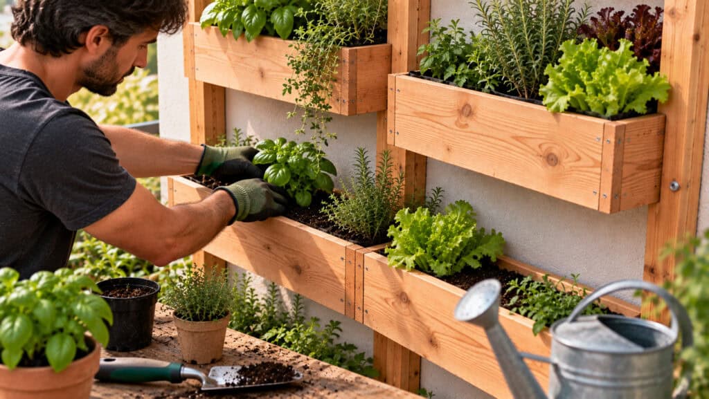 Piantumazione di erbe aromatiche nell'orto verticale