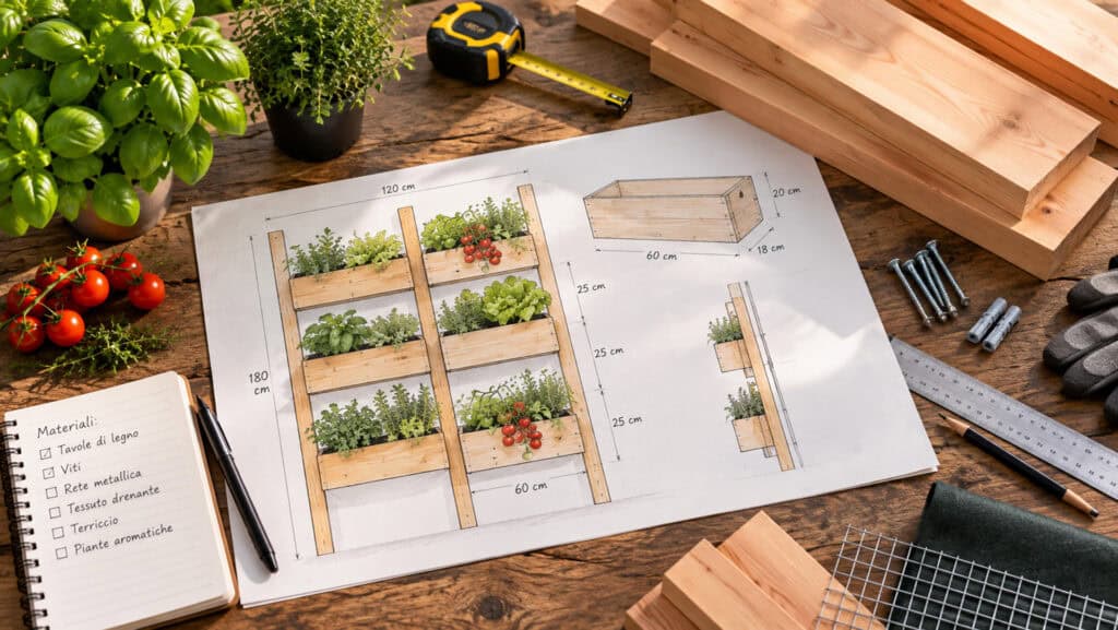 Progetto delle cassette in legno per un orto verticale