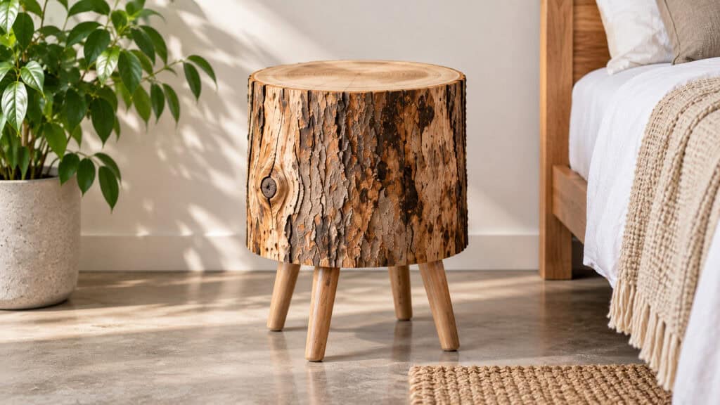 Tronco d'albero trasformato in comodino in legno