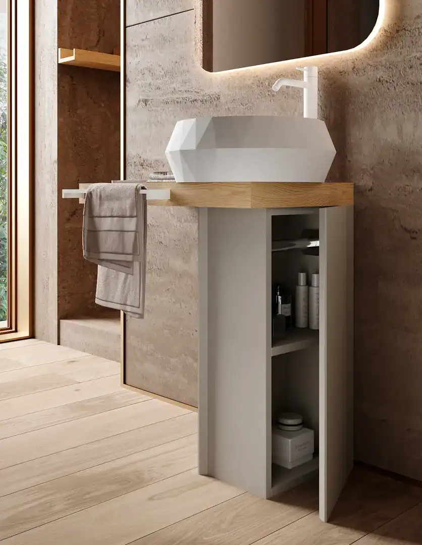 Dettaglio di un lavabo in nuova finitura Mineral con texture uniche